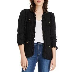 LINI Black Boucle Knit Cardigan Silk Blend Size Small Open Front Pockets Fringe